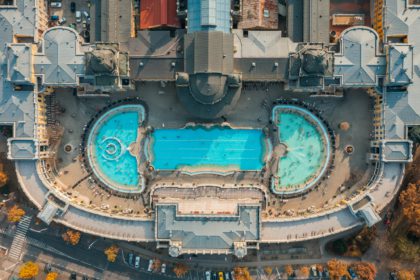 Aerial view of Szechenyi outdoor thermal baths during the morning light in Budapest, Hungary