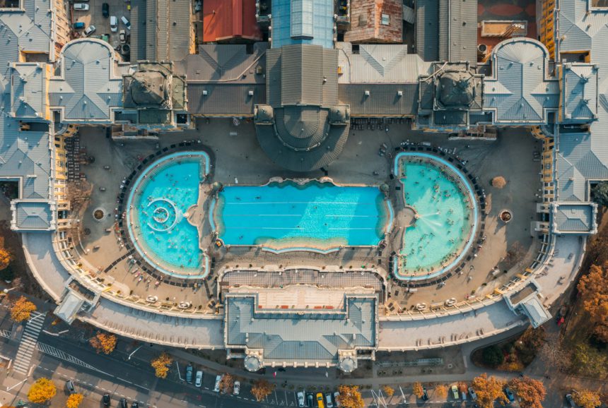 Aerial view of Szechenyi outdoor thermal baths during the morning light in Budapest, Hungary