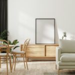 modern living room with furniture and poster frame mockup, home interior design, 3d rendering
